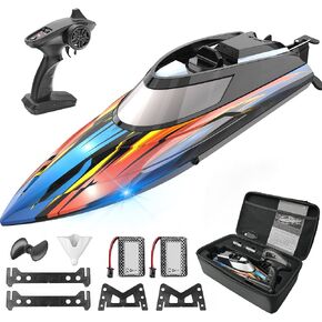 BEZGAR RC Boat, 14 inch Remote Control Boat - Self-righting, 40 Min Dual-Battery, 32 KPH Fast RC Boats for Kids & Adults with LED Lights for Pool, Lake, Ocean, Waterproof & Suitcase