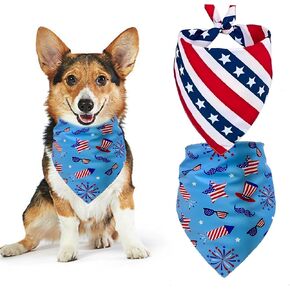 4th of July Bandanas 2 Pack, Triangle Reversible American Flag Pet Patriotic Scarf Bids for Boy and Girl, Holiday Bandana for Small Medium Large Dogs Puppy