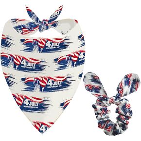 4th of July Dog Bandanas & Matching Scrunchie Set Blue Independence Holiday Bandana for Medium Large Pet Dogs Birthday and Owner Gifts,Durable Triangle Single Sided Dog Scarf 17.7x17.7X 25.6 Inches