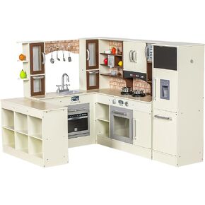 3-Piece Kids Kitchen Playset, Walk-in Wooden Play Kitchen Set for Toddlers, Modular Pretend Play Kitchen w/Light&Sound, Large Corner Kitchen Cooking Toy w/Coffee Capsule, Gift for Girls Boys