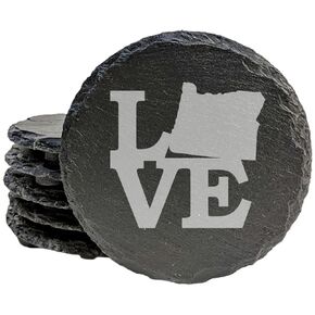 Rustic Slate Coasters Set of 4 - Oregon State Outline & Evergreen Trees Design, 4" Square, Natural Chipped Edge, Rubber Feet, Perfect for She-Shed, Man Cave, Made in USA
