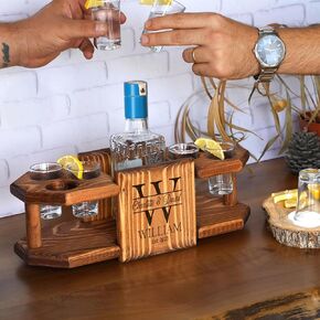Personalized Tequila Shot Board – Customize Wooden Tequila Serving Tray with Bottle & Shot Glass Holder – Laser Engraved Solid Pine Bar Stand – Rustic Gift for Men, Birthdays, Parties, Bachelor Nights