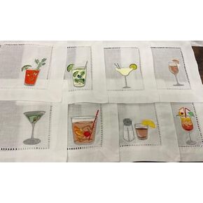 Embroidered Cocktail Napkins, 6 x 6 inch Hemstitch, Set of 6 or 8, Bar Drink Designs
