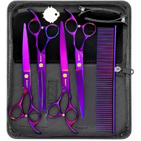 Professional Dog Grooming Scissors Set - 6.5" Thinning, 7" Straight, 7" Up-Curved, 7" Down-curved Scissors and Comb for Dog Cat Pet (Purple)