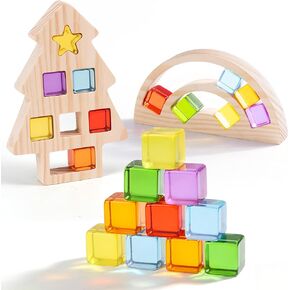 Wooden Building Blocks Set for Kids, 24 PCS Rainbow Acrylic Blocks - 2 PCS Rainbow & Christmas Tree Wooden Frame, Montessori Stacking Blocks for Toddlers, Sensory Toys for Boys Girls 3+