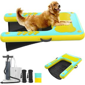 Inflatable Dog Pool Float Ramp - 44'' x 36'' Floating Dock Platform for Dogs Up to 150 lbs, Non-Slip EVA Floating Platform with Water Ramp Ladder Dog Pool Ramps Float for Pool, Dock, Lake, Boat