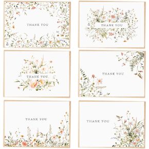 52-pack Floral Thank You Cards Bulk with Kraft Envelopes & Matching Stickers, 3.5x5 Inches, 6 Wildflower Designs | Perfect for Weddings, Baby & Bridal Showers, Graduations & Birthday