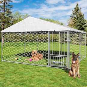 10x10 FT Dog Kennel Outside - Heavy Duty Large Outdoor Dog Kennel, Dog Outdoor Kennel with Rotating Feeder Bowls, Covered Outside Dog Kennel with Roof