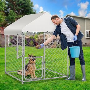 DWVO Outdoor Dog Kennel with Roof, Extra Large Pet Pens Dog House 4×4×5.4FT Galvanized Dog Run Enclosure with UV-Resistant Waterproof Cover & Double-Doors Chain Link Fence Outside for Yard
