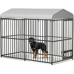 Large Outdoor Dog Kennel (10x10x6FT), Heavy Duty Metal Dog Cage with Rotating Feeding Bowl, Waterproof Roof Cover and Lock, for All Dog Breeds, for Backyard, Indoor Use (Shipped in Two Packages)