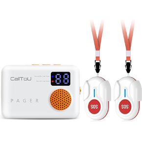 CallToU Wireless Caregiver Pager Call Button for Elderly at Home Monitoring with Vibration Call Bell Medical Alert System with Digital Display Low Power Reminder 2 Portable Receiver 2 SOS Call Button