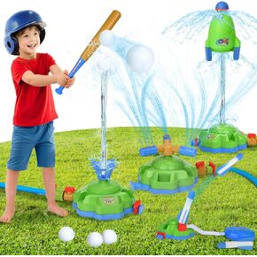 4-in-1 Kids Sprinkler Baseball Toys for Yard, Water Sprinklers Rocket Launcher Outdoor Play, 360° Rotating Water Spray Toy, Summer Backyard Lawn Pool Outside Water Game for Girls Boys Ages 3-12