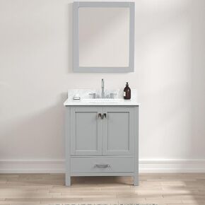 Blossom Geneva 30-Inch Bathroom Vanity in Metal Grey – Solid Wood Cabinet with Marble Countertop, Ceramic Undermount Sink and Mirror, Freestanding Vanity for Modern Small and Large Bathrooms