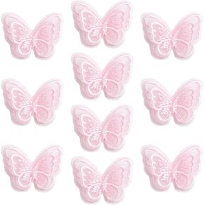 12 Pcs Pink 3D Nylon Butterfly Handmade Lace Trim Decors Double Organza Layers Fabric Sewing Embroidery for DIY Hair Clips Curtain Decors