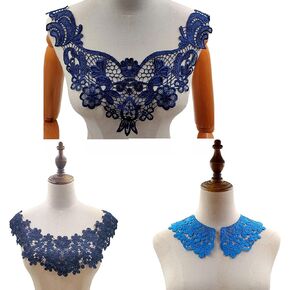 Hollow Out Applique Neckline Neckband Fake Collar Lace Patches Embroidered Collar Sewing DIY Supplies Water Soluble Lace Collars Garment 3 pcs (Blue)
