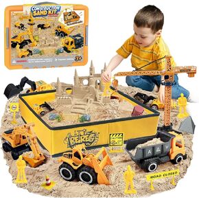 Construction Sand Castle Building Kit, Magic Sand Art with Folding Sandbox Construction Vehicles, Sensory Bin Toys for Boys Kids 3-8