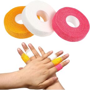 3 Rolls Thimble Tape for Hand Sewing, 0.74-Inch x 46-feet Self-Adhesive Cotton Tape for Hand Sewing Nail Finger Protector, DIY Sewing Tools for Quilting Crocheting Embroidery (Pink, White, Yellow)