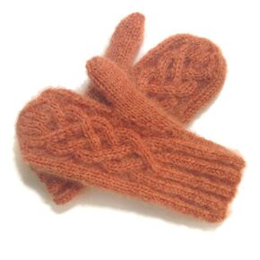 Rusty Orange Mittens Hand Knit Wool and Mohair with Celtic Twist Cable