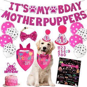 Hot-Pink Dog Birthday Party Supplies Pet Birthday Bandanas Girl Doggy Birthdays Hat Bow Tie Greeting Card Numbers It’s My Bday Mother Puppers Sign Banner for Medium Large Pets