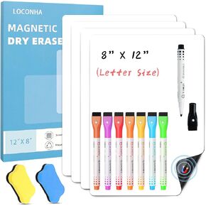 4PCS Small Magnetic Dry Erase Board Sheet for Refrigerator, Fridge Whiteboard for Kitchen, 12"x8" White Board Organizer and Planner with Stain Resistant Technology, Include 2 Eraser, 8 Markers