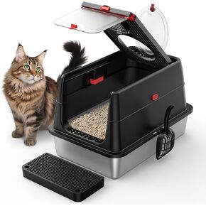 Stainless Steel Litter Box with Lid, SUS304 Metal Cat Litter Box, Enclosed Extra Large Kitty Litter Box High Wall, Jumbo Cat Litter Box with Triple Pedal, Non-Sticky, Anti-Leakage (XXL White)