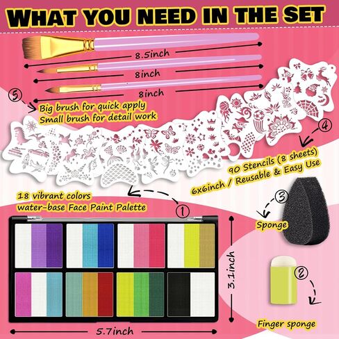 Face Painting Kit for Kids & Adults, Non-Toxic, Water-Based, Washable Professional Face Paint with 18 Vibrant Colors, Stencils & Brushes - Perfect for Halloween, Birthday Parties, Festivals & Events in Saudi Arabia
