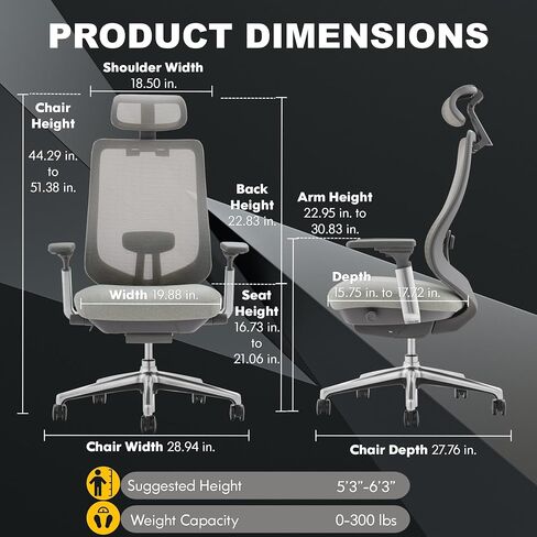 COLAMY Ergonomic Mesh Office Chair, High Back Executive Desk Chair with Adjustable Headrest, 4D Arm, Slide Seat, Tilt Lock, Lumbar Support, Grey in Kuwait