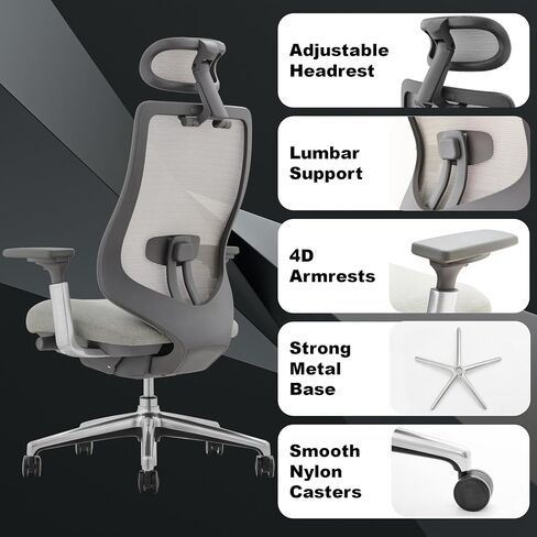 COLAMY Ergonomic Mesh Office Chair, High Back Executive Desk Chair with Adjustable Headrest, 4D Arm, Slide Seat, Tilt Lock, Lumbar Support, Grey in Kuwait