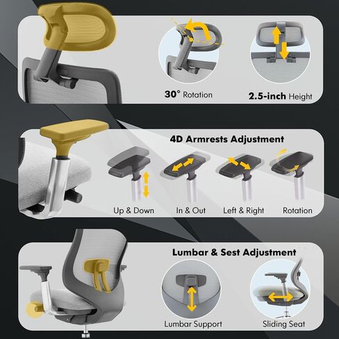COLAMY Ergonomic Mesh Office Chair, High Back Executive Desk Chair with Adjustable Headrest, 4D Arm, Slide Seat, Tilt Lock, Lumbar Support, Grey in Kuwait