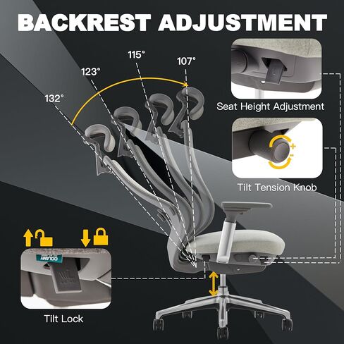 COLAMY Ergonomic Mesh Office Chair, High Back Executive Desk Chair with Adjustable Headrest, 4D Arm, Slide Seat, Tilt Lock, Lumbar Support, Grey in Kuwait
