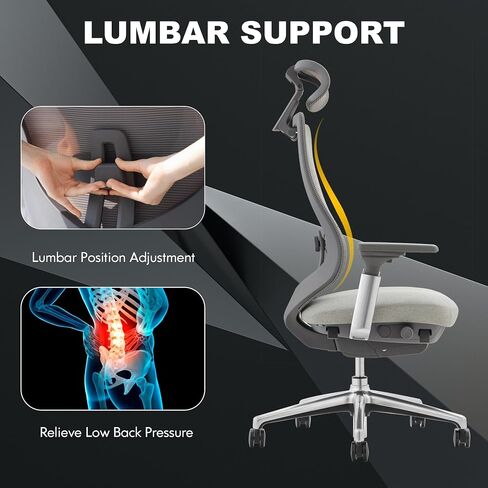 COLAMY Ergonomic Mesh Office Chair, High Back Executive Desk Chair with Adjustable Headrest, 4D Arm, Slide Seat, Tilt Lock, Lumbar Support, Grey in Kuwait