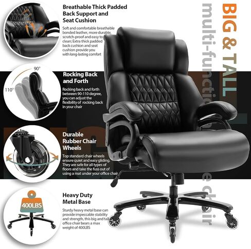 Big and Tall 400lbs Office Chair - Adjustable Lumbar Support Quiet Rubber Wheels Heavy Duty Metal Base, High Back Large Executive Computer Desk, Thick Padded Ergonomic Design for Back Pain (Black) in Saudi Arabia