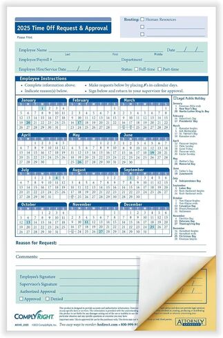 2025 Time Off Request and Approval Form, Small (5 1/2" x 8 1/2"), 2-Part, Pack of 50 in Saudi Arabia