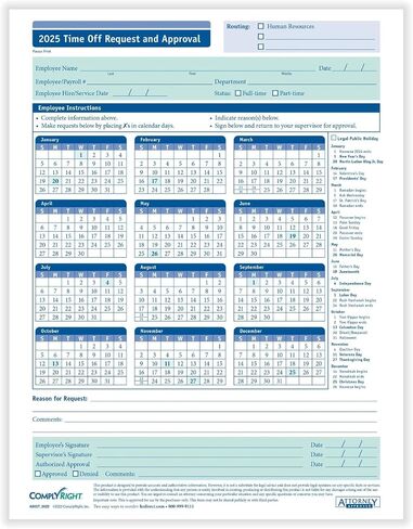 2025 Time Off Request and Approval Form, Small (5 1/2" x 8 1/2"), 2-Part, Pack of 50 in Saudi Arabia