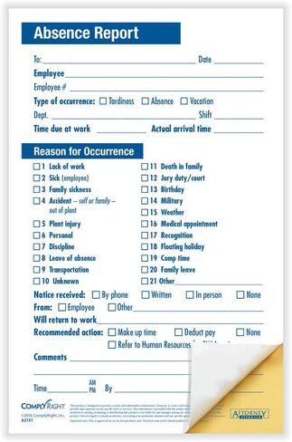 Absence Report Form, Compact, 2 Part | 5-1/2" x 8-1/2" | Time & Attendance Form | 50 Pack in Saudi Arabia