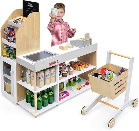 GLACER Grocery Store Pretend Play, Wooden Kids Grocery Store Playset w/Cash Register Stand, Shopping Cart, Blackboard, Wooden Coins, Play Store for Toddler 3+, Gift for Boys Girls in Saudi Arabia