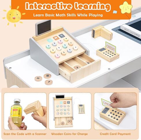 GLACER Grocery Store Pretend Play, Wooden Kids Grocery Store Playset w/Cash Register Stand, Shopping Cart, Blackboard, Wooden Coins, Play Store for Toddler 3+, Gift for Boys Girls in Saudi Arabia