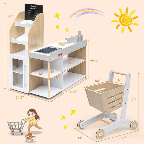 GLACER Grocery Store Pretend Play, Wooden Kids Grocery Store Playset w/Cash Register Stand, Shopping Cart, Blackboard, Wooden Coins, Play Store for Toddler 3+, Gift for Boys Girls in Saudi Arabia