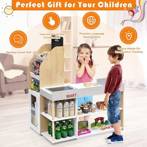 GLACER Grocery Store Pretend Play, Wooden Kids Grocery Store Playset w/Cash Register Stand, Shopping Cart, Blackboard, Wooden Coins, Play Store for Toddler 3+, Gift for Boys Girls in Saudi Arabia