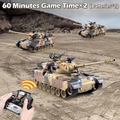 Supdex 1:18 RC Tank، 2.4 جيجا هرتز US M60 نموذج ألعاب دبابة التحكم عن بعد، 15 قناة معركة عسكرية مع دخان وصوت خفيف ومفتاح مستوى الصوت، لعبة الجيش للبالغين والأطفال التي تطلق BBS والقنابل المائية in Kuwait