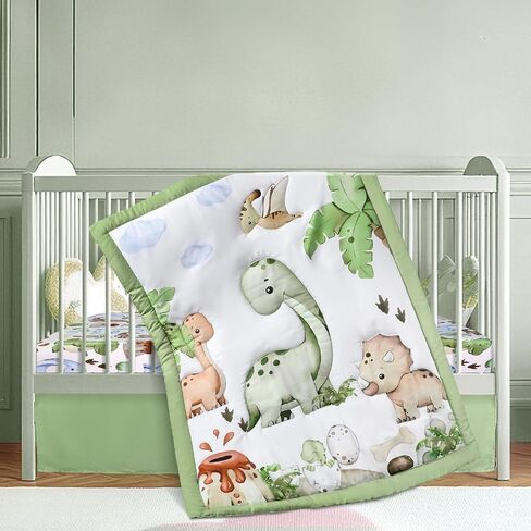 3 Pcs Baby Crib Bedding Set Safari Animals Dinosaurs Teddy Bear Woodland Animals Jungle Crib Set Includes Quilt, Fitted Sheet, Skirt for Baby Boy Girl(Green,Dinosaur) in Saudi Arabia