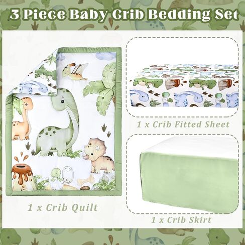 3 Pcs Baby Crib Bedding Set Safari Animals Dinosaurs Teddy Bear Woodland Animals Jungle Crib Set Includes Quilt, Fitted Sheet, Skirt for Baby Boy Girl(Green,Dinosaur) in Saudi Arabia