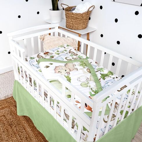 3 Pcs Baby Crib Bedding Set Safari Animals Dinosaurs Teddy Bear Woodland Animals Jungle Crib Set Includes Quilt, Fitted Sheet, Skirt for Baby Boy Girl(Green,Dinosaur) in Saudi Arabia