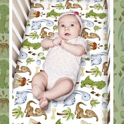 3 Pcs Baby Crib Bedding Set Safari Animals Dinosaurs Teddy Bear Woodland Animals Jungle Crib Set Includes Quilt, Fitted Sheet, Skirt for Baby Boy Girl(Green,Dinosaur) in Saudi Arabia