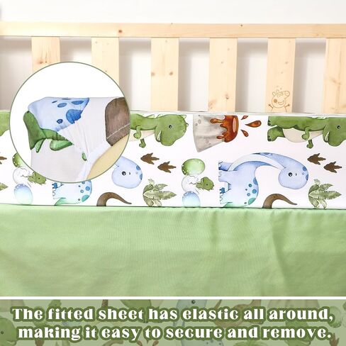 3 Pcs Baby Crib Bedding Set Safari Animals Dinosaurs Teddy Bear Woodland Animals Jungle Crib Set Includes Quilt, Fitted Sheet, Skirt for Baby Boy Girl(Green,Dinosaur) in Saudi Arabia
