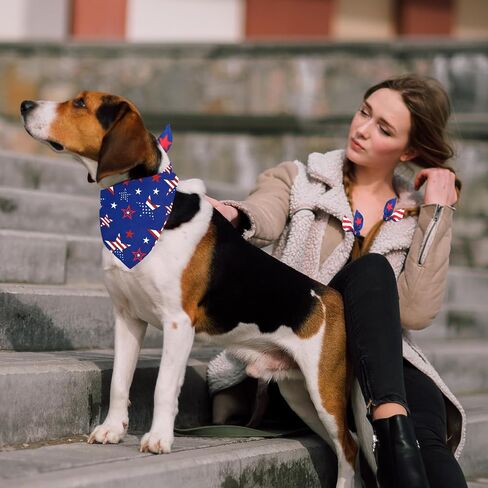 4th of July Dog Bandanas & Matching Scrunchie Set Blue Independence Holiday Bandana for Medium Large Pet Dogs Birthday and Owner Gifts,Durable Triangle Single Sided Dog Scarf 17.7x17.7X 25.6 Inches in Kuwait