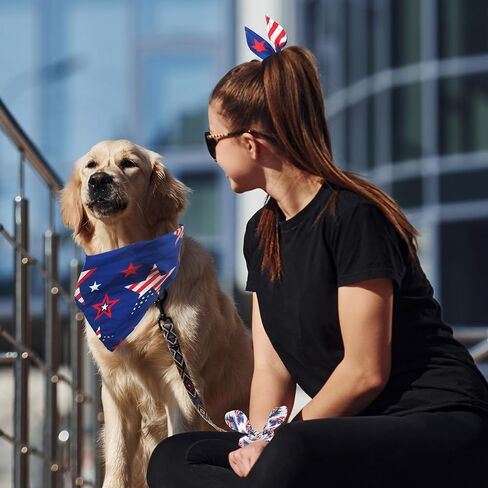 4th of July Dog Bandanas & Matching Scrunchie Set Blue Independence Holiday Bandana for Medium Large Pet Dogs Birthday and Owner Gifts,Durable Triangle Single Sided Dog Scarf 17.7x17.7X 25.6 Inches in Kuwait