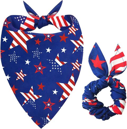 4th of July Dog Bandanas & Matching Scrunchie Set Blue Independence Holiday Bandana for Medium Large Pet Dogs Birthday and Owner Gifts,Durable Triangle Single Sided Dog Scarf 17.7x17.7X 25.6 Inches in Kuwait