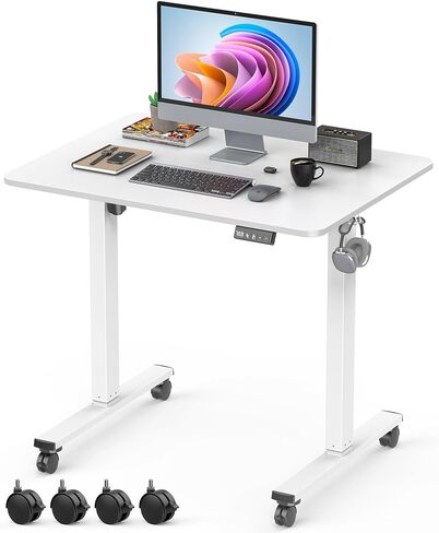 Small Height Adjustable Electric Standing Desk, 31.5" x 23.6" Sit Stand up Desk with Splice Board, Ergonomic Rising Computer Home Office Desk Table with Memory Preset, White Frame/White Top in Kuwait