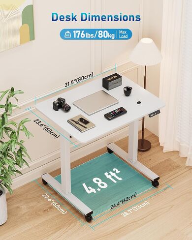 Small Height Adjustable Electric Standing Desk, 31.5" x 23.6" Sit Stand up Desk with Splice Board, Ergonomic Rising Computer Home Office Desk Table with Memory Preset, White Frame/White Top in Kuwait